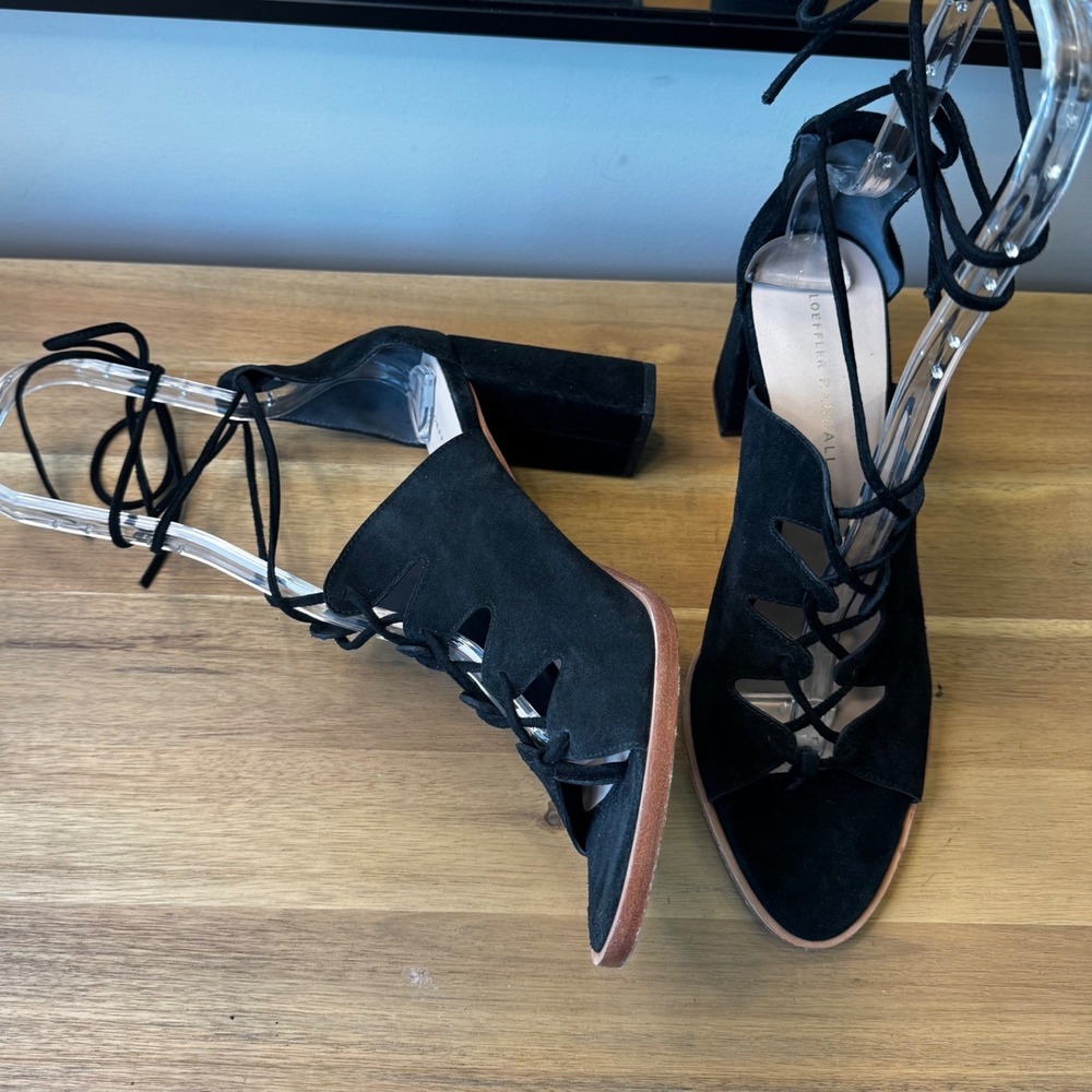 Loeffler Randall Women 10.5 B Black Suede Lace Up Block Heel Sandal Ghillie Toe